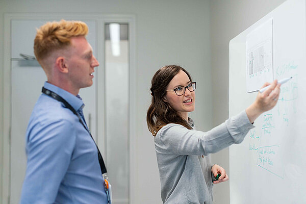 Mitarbeitende im Gespräch an Whiteboard